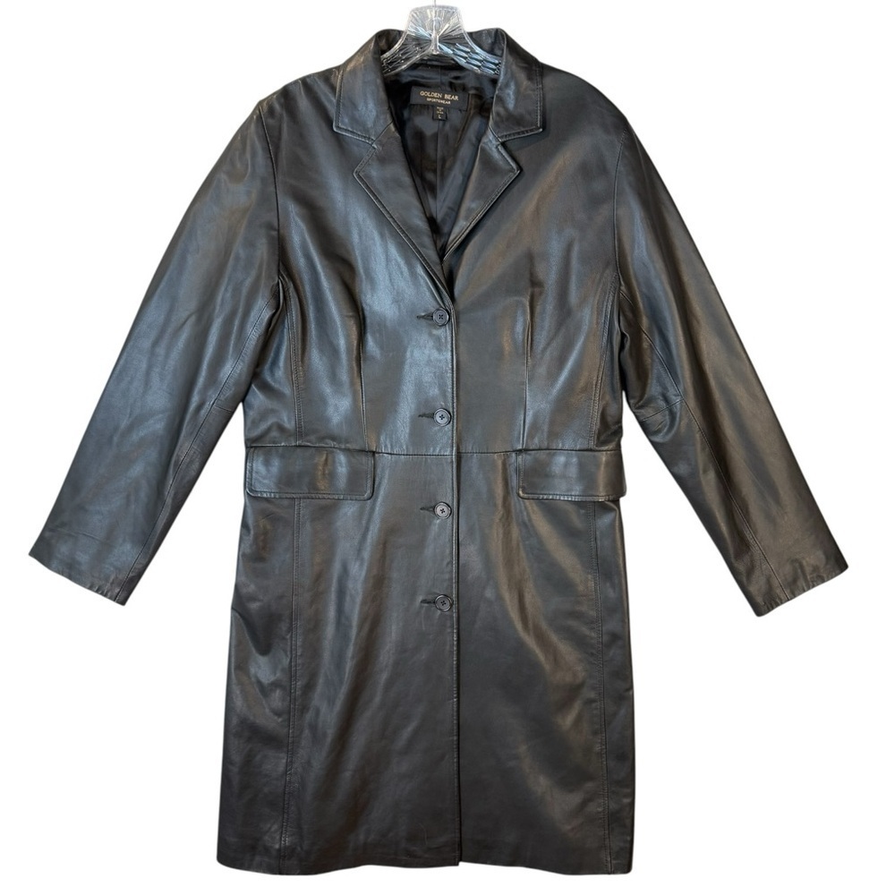 Golden Bear Long Soft Leather Trench Styled Buttoned Black Coat Size Large
